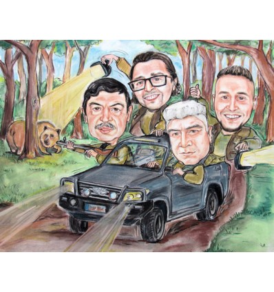 Пастелна карикатура с четири лица за ловец