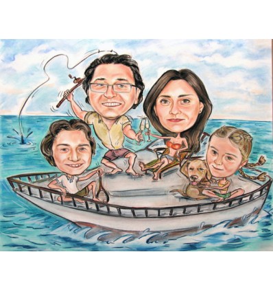 Пастелна карикатура с четири лица за семейство